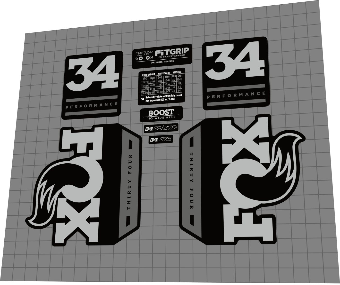 FOX Performance Elite (2017) 34 Fork Decal Set - Bike Decal Replace