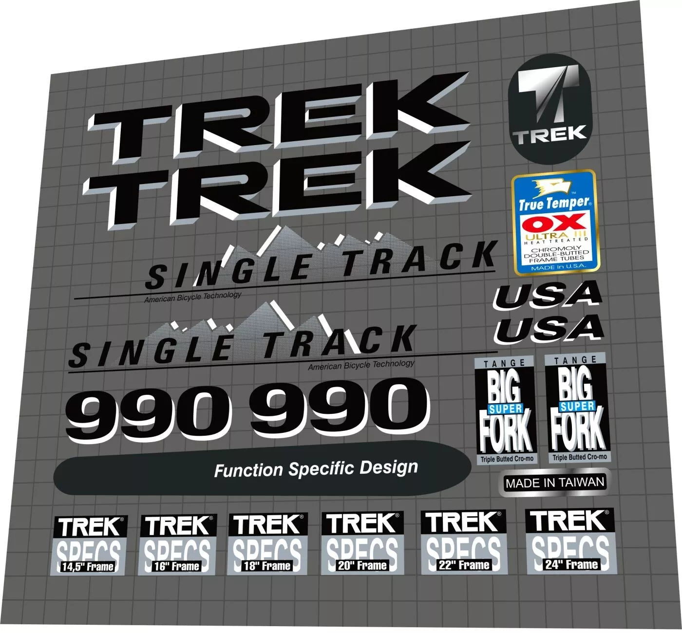 Collection of Trek bicycle decals on a gray background